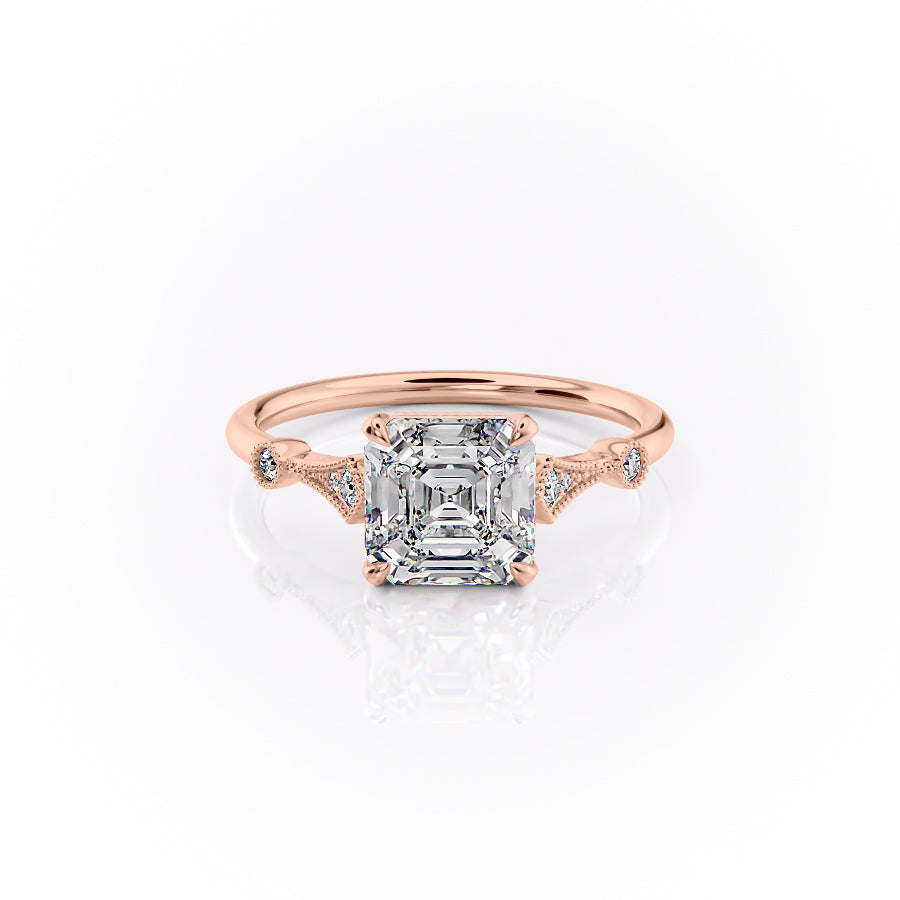 The Amber. A Rose Gold Vintage, Side Stones Engagement Ring Set With A 2ct Asscher Lab Grown Diamond. White Background.