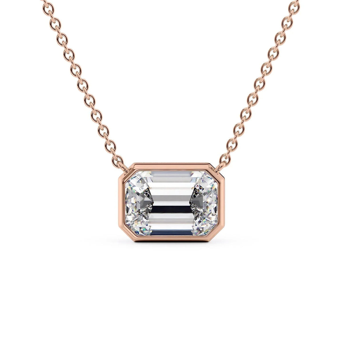 The Amelia. A Rose Gold Pendant Set With A 2ct Emerald Lab Grown Diamond. White Background.