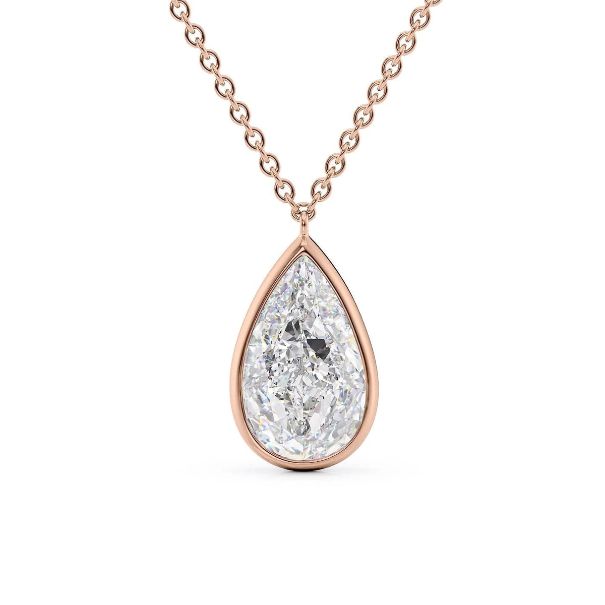 The Amelia. A Rose Gold Pendant Set With A 2ct Pear Lab Grown Diamond. White Background.