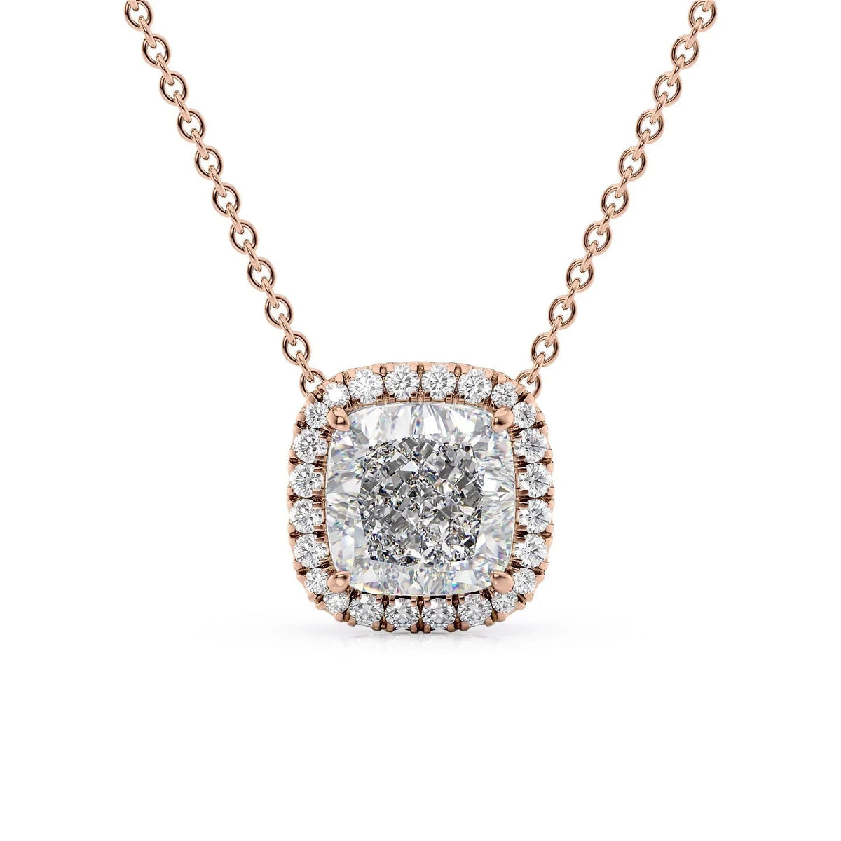 The Ariana. A Rose Gold Pendant Set With A 2ct Cushion Lab Grown Diamond. White Background.