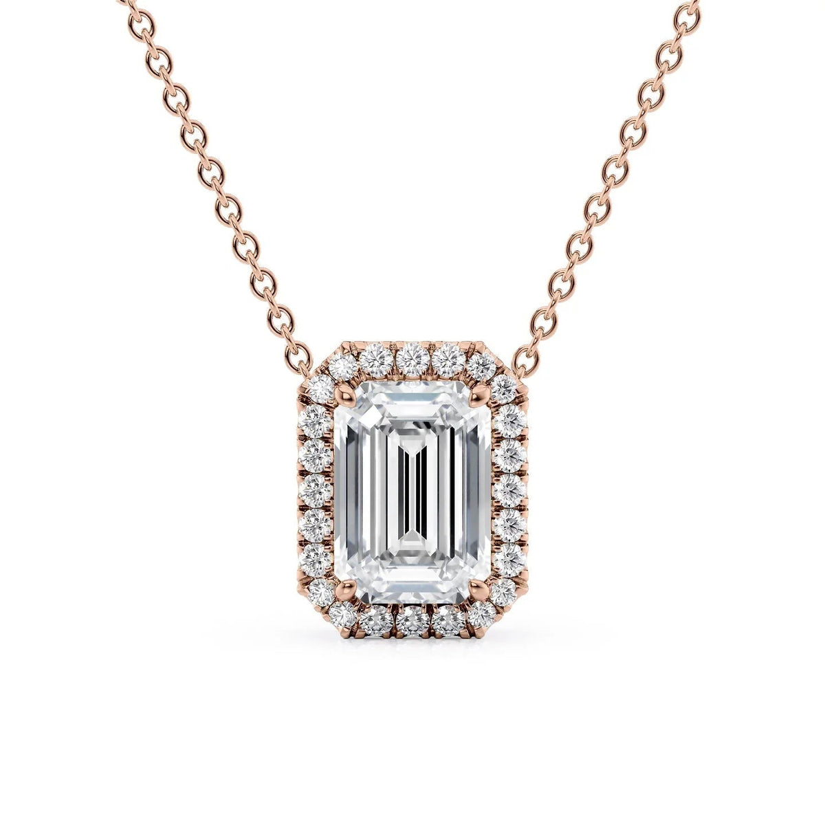 The Ariana. A Rose Gold Pendant Set With A 2ct Emerald Lab Grown Diamond. White Background.