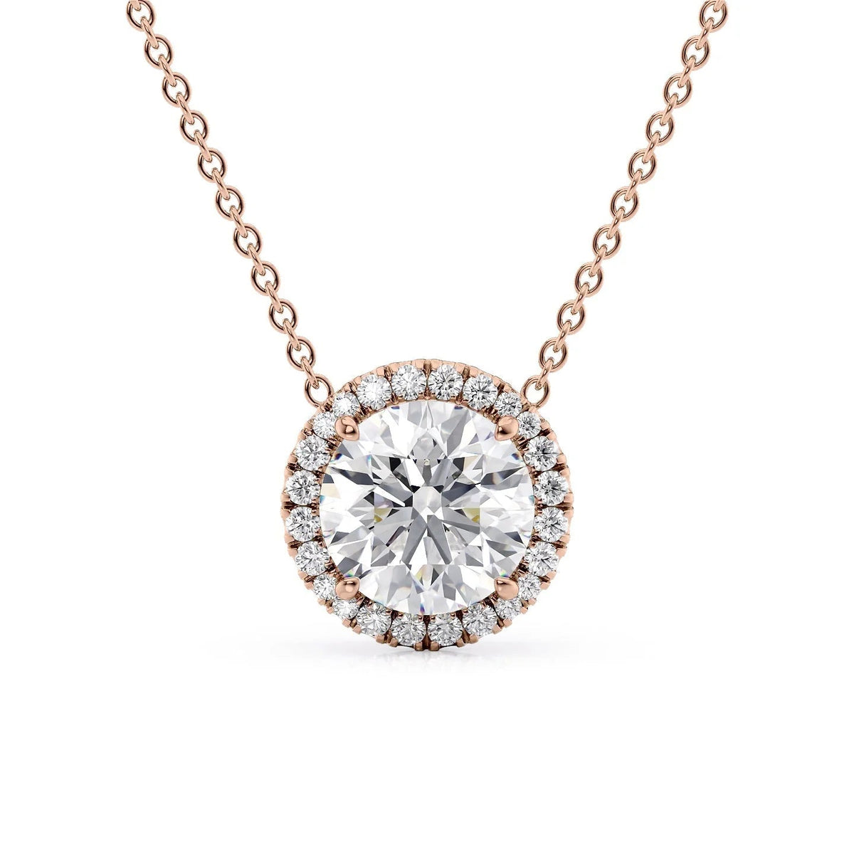 The Ariana. A Rose Gold Pendant Set With A 2ct Round Lab Grown Diamond. White Background.