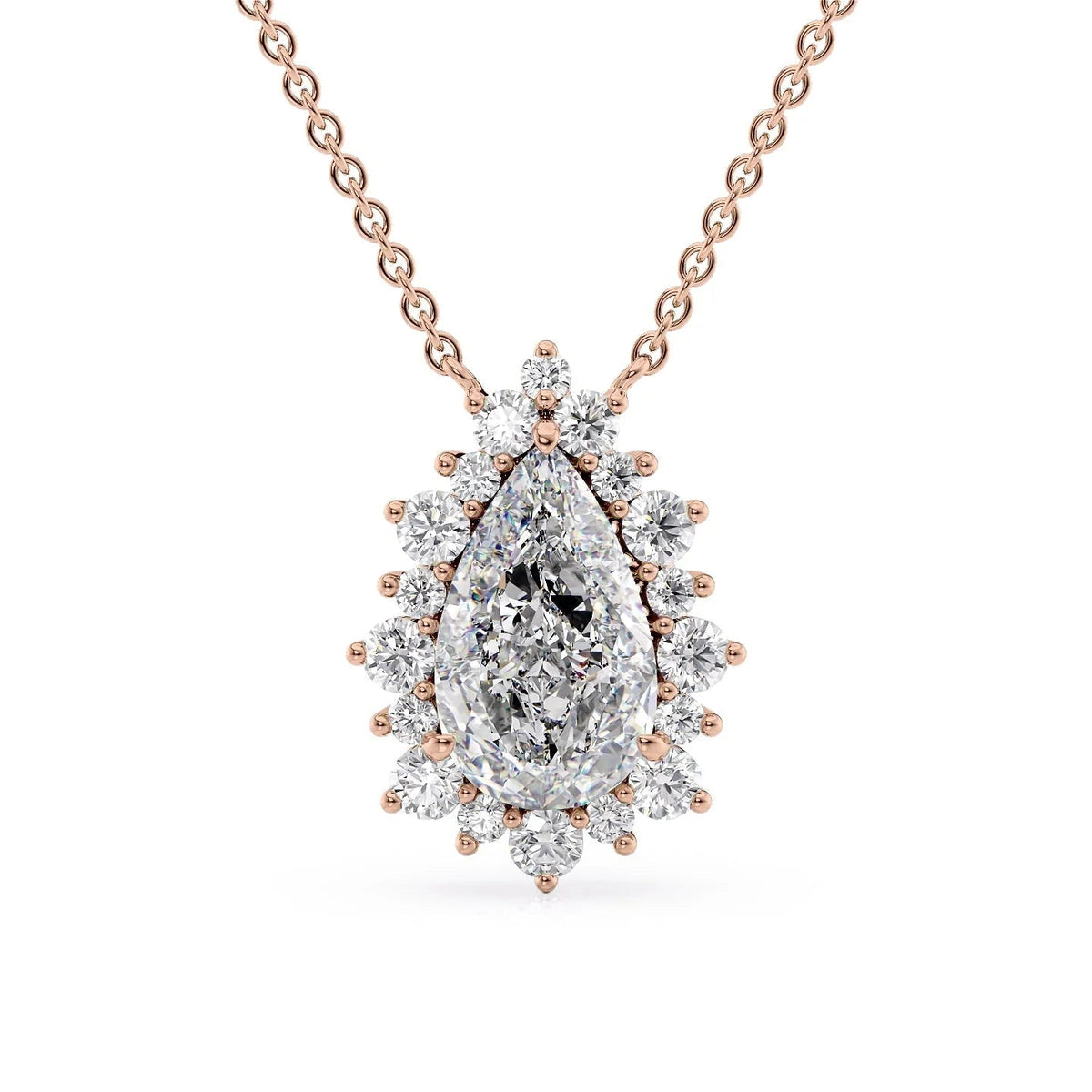 The Aubrey. A Rose Gold Pendant Set With A 2ct Pear Lab Grown Diamond. White Background.