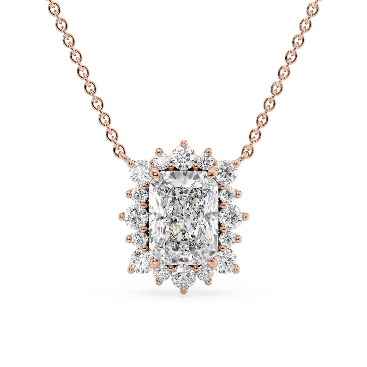 The Aubrey. A Rose Gold Pendant Set With A 2ct Radiant Lab Grown Diamond. White Background.