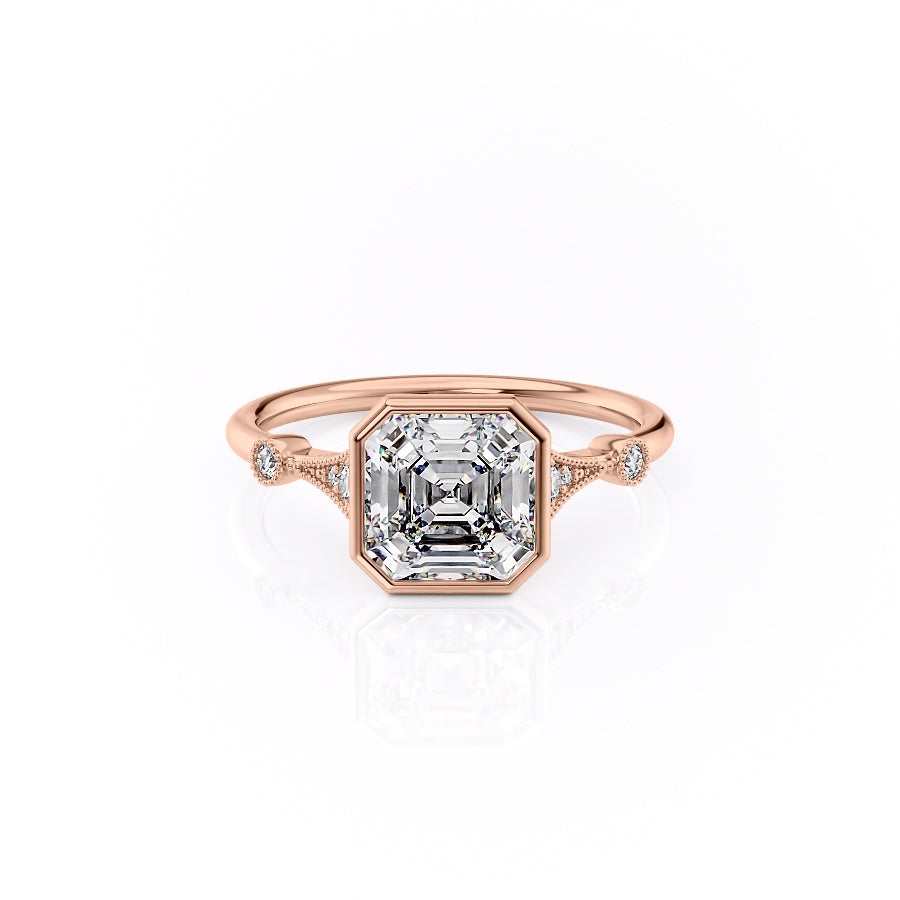 The Bezel Amber. A Rose Gold Vintage, Side Stones Engagement Ring Set With A 2ct Asscher Lab Grown Diamond. White Background.