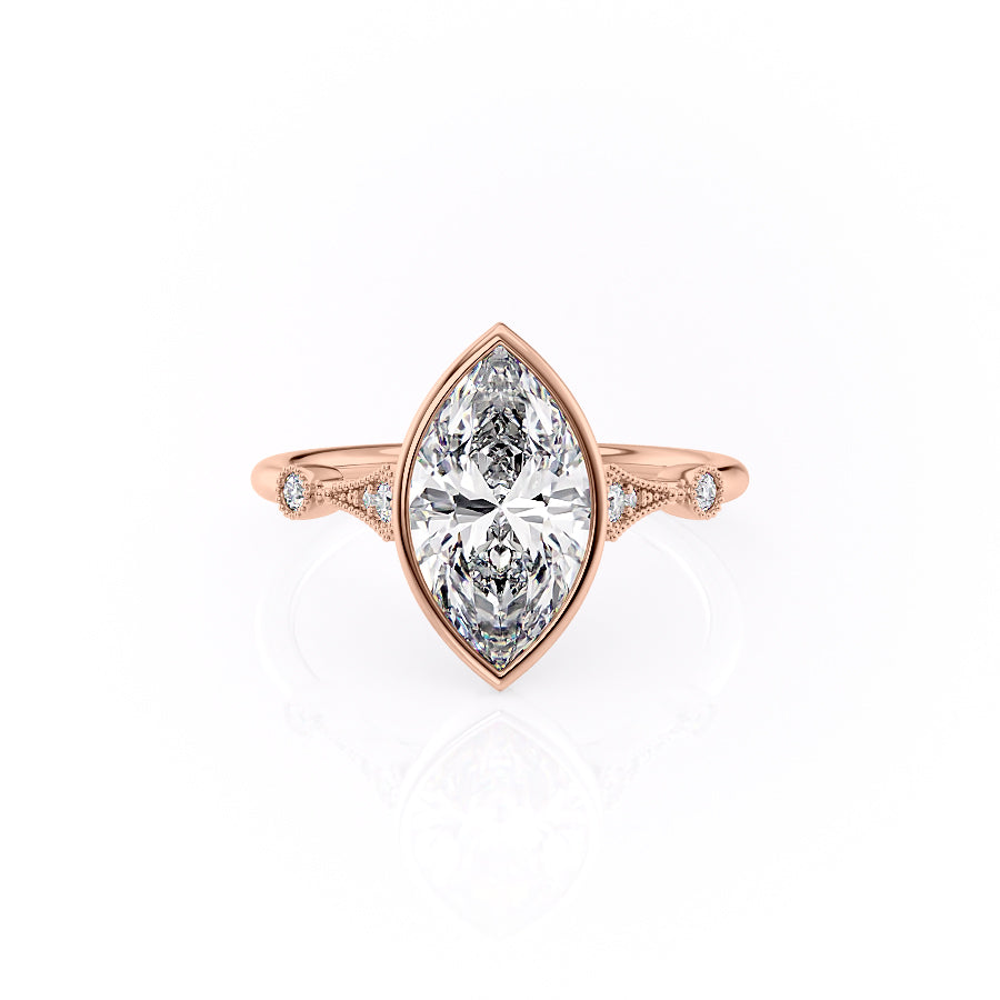 The Bezel Amber. A Rose Gold Vintage, Side Stones Engagement Ring Set With A 2ct Marquise Lab Grown Diamond. White Background.