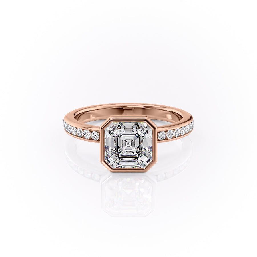 The Bezel Marilyn. A Rose Gold Channel-Set, Side Stones Engagement Ring Set With A 2ct Asscher Lab Grown Diamond. White Background.