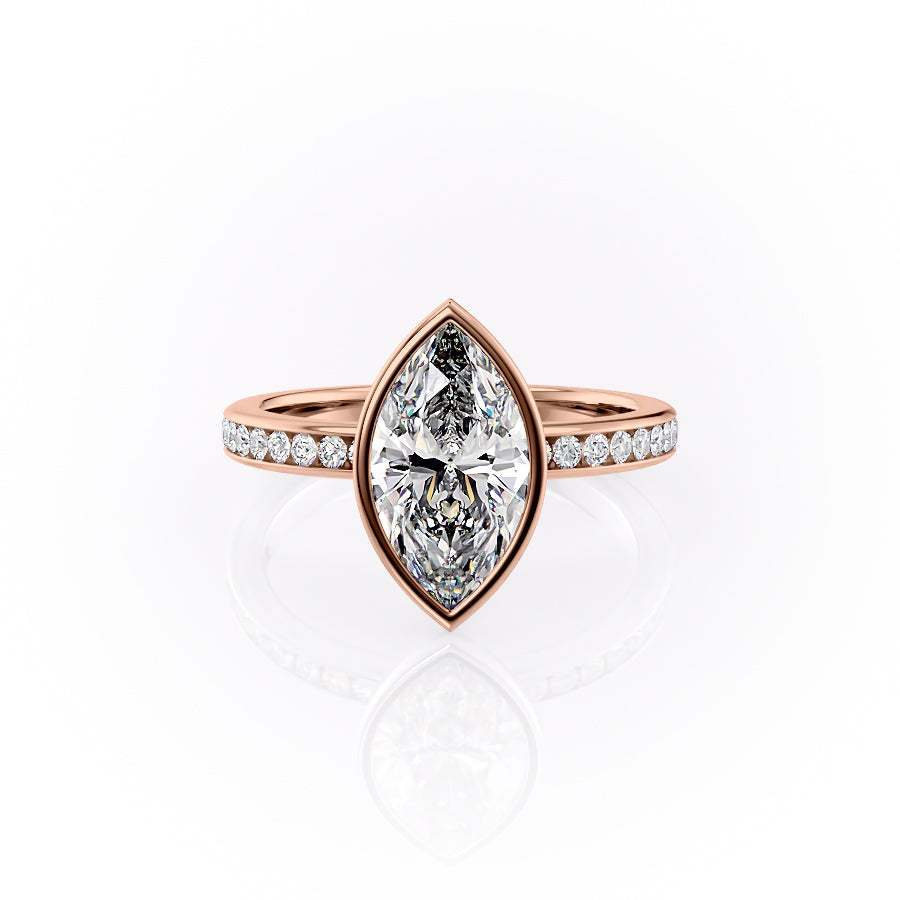 The Bezel Marilyn. A Rose Gold Channel-Set, Side Stones Engagement Ring Set With A 2ct Marquise Lab Grown Diamond. White Background.