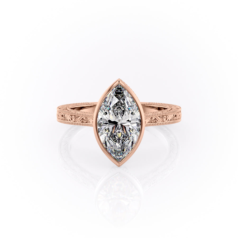 The Bezel Sierra. A Rose Gold Vintage Engagement Ring Set With A 2ct Marquise Lab Grown Diamond. White Background.