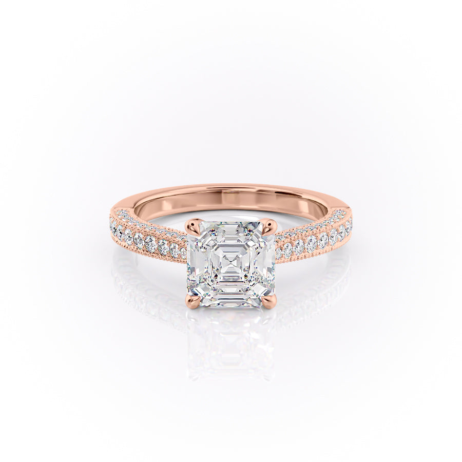 The Catherine. A Rose Gold Vintage, Pave Engagement Ring Set With A 2ct Asscher Lab Grown Diamond. White Background.