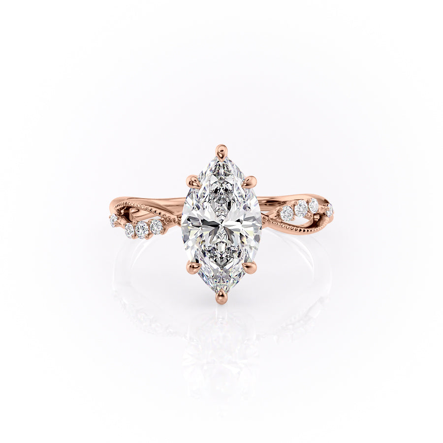The Daisy. A Rose Gold Side Stones, Nature, Hidden Halo Engagement Ring Set With A 2ct Marquise Lab Grown Diamond. White Background.