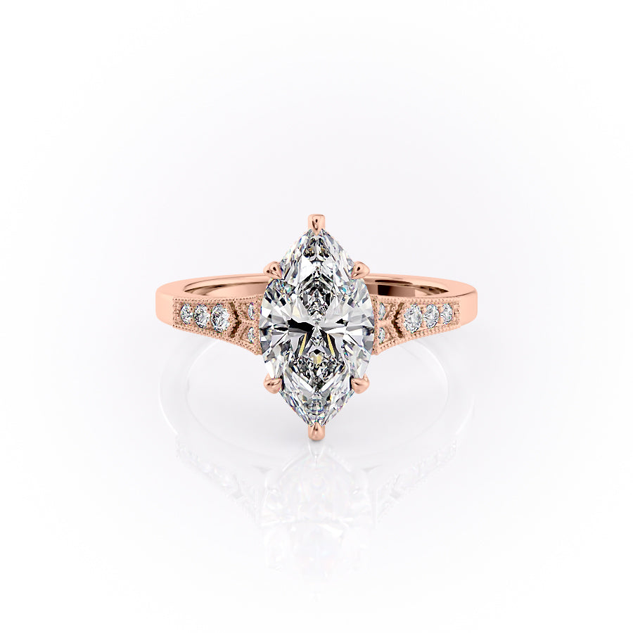 The Dianne. A Rose Gold Vintage, Side Stones Engagement Ring Set With A 2ct Marquise Lab Grown Diamond. White Background.