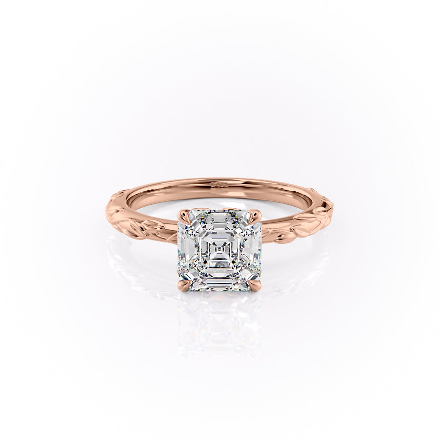 The Flora. A Rose Gold Nature, Solitaire Engagement Ring Set With A 2ct Asscher Lab Grown Diamond. White Background.