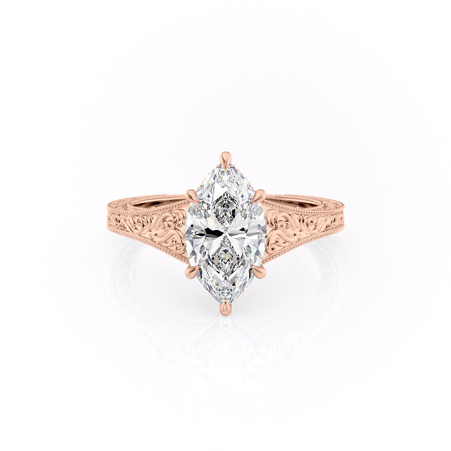 The Florence. A Rose Gold Vintage Engagement Ring Set With A 2ct Marquise Lab Grown Diamond. White Background.