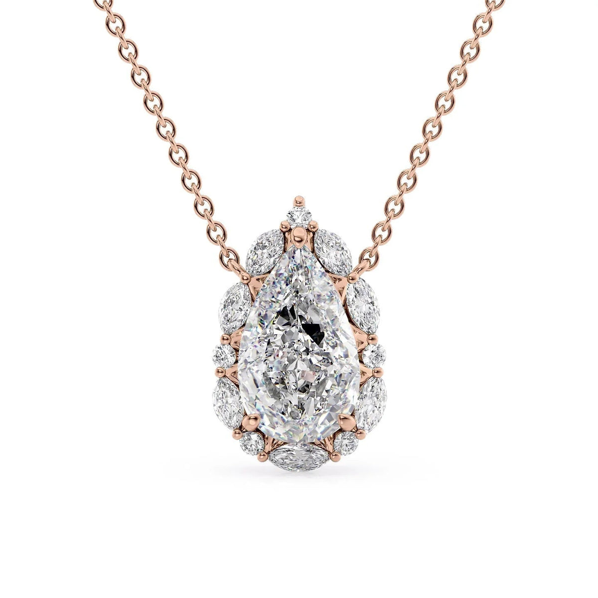 The Harper. A Rose Gold Pendant Set With A 2ct Pear Lab Grown Diamond. White Background.