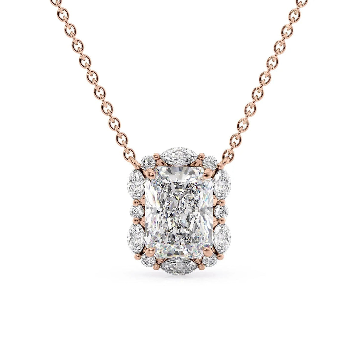 The Harper. A Rose Gold Pendant Set With A 2ct Radiant Lab Grown Diamond. White Background.