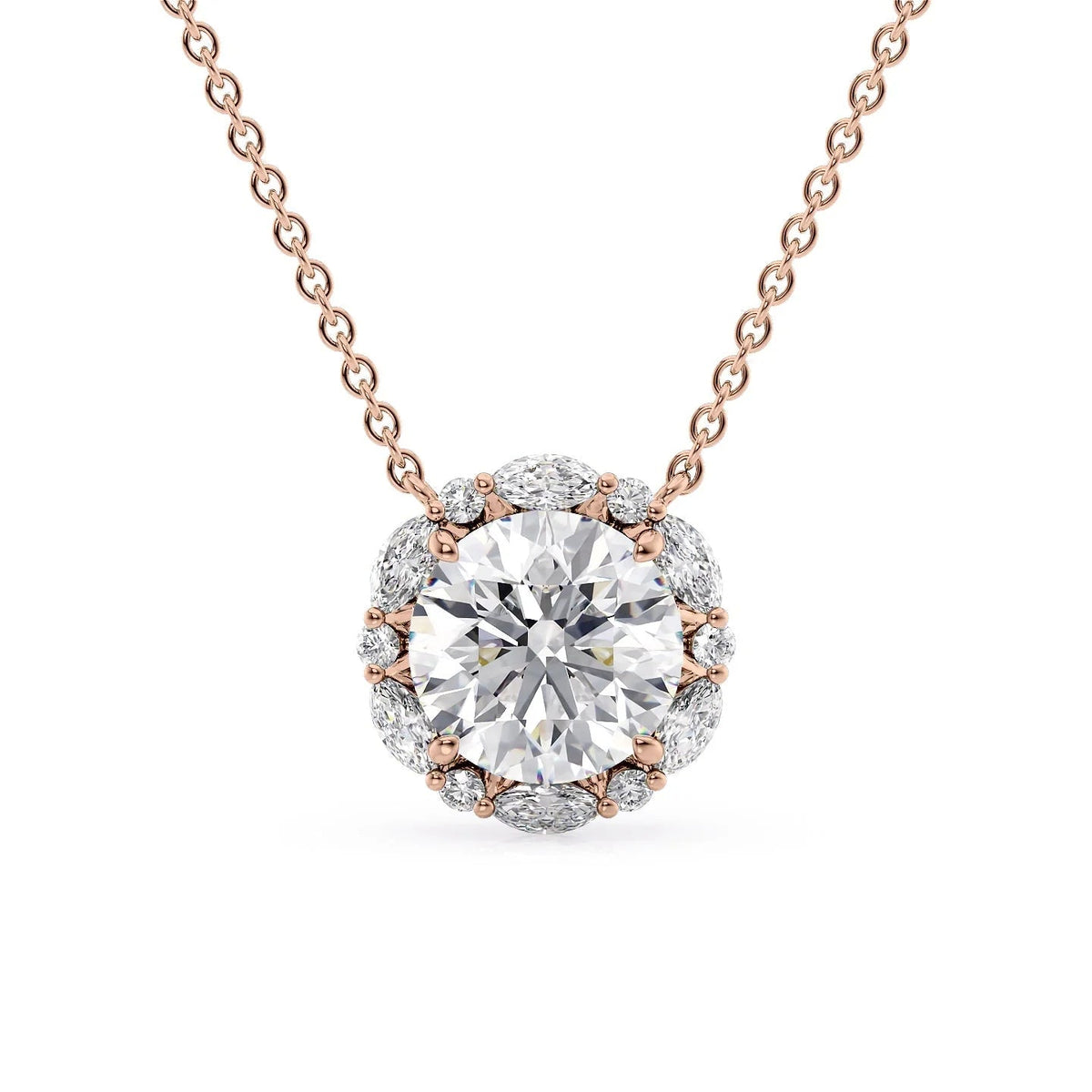 The Harper. A Rose Gold Pendant Set With A 2ct Round Lab Grown Diamond. White Background.