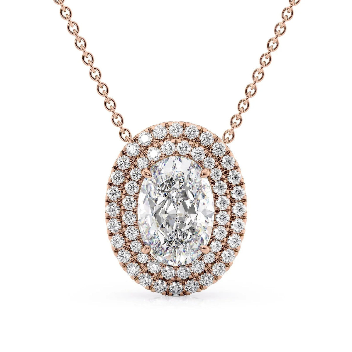 The Isabella. A Rose Gold Pendant Set With A 2ct Oval Lab Grown Diamond. White Background.