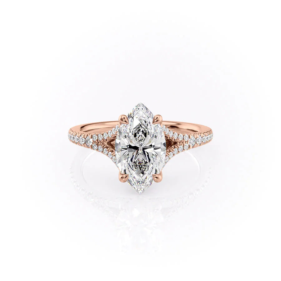 The Jade. A Rose Gold Pave Engagement Ring Set With A 2ct Marquise Lab Grown Diamond. White Background.