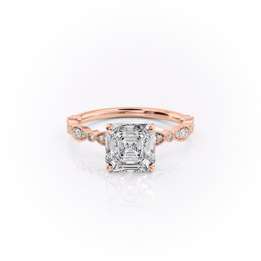 The Jasmine. A Rose Gold Vintage, Side Stones Engagement Ring Set With A 2ct Asscher Lab Grown Diamond. White Background.
