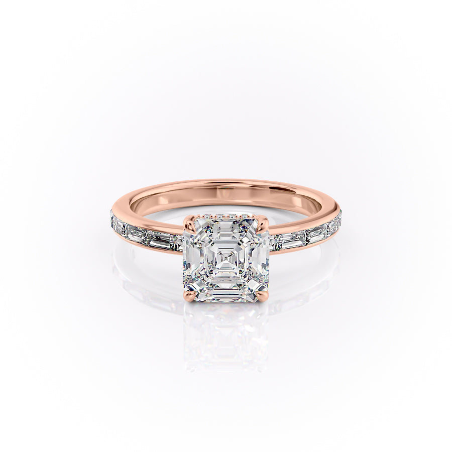 The Jennifer. A Rose Gold Channel-Set, Side Stones, Hidden Halo Engagement Ring Set With A 2ct Asscher Lab Grown Diamond. White Background.