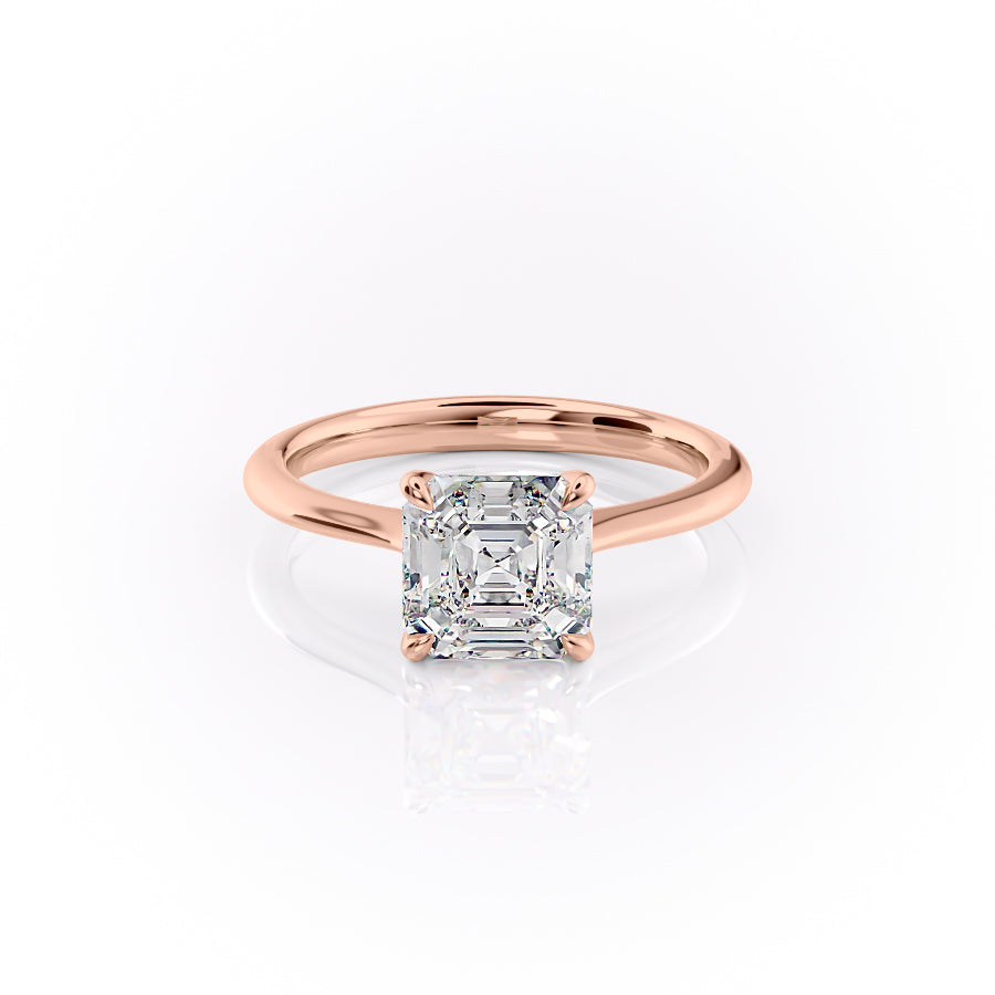The Katelyn. A Rose Gold Solitaire Engagement Ring Set With A 2ct Asscher Lab Grown Diamond. White Background.