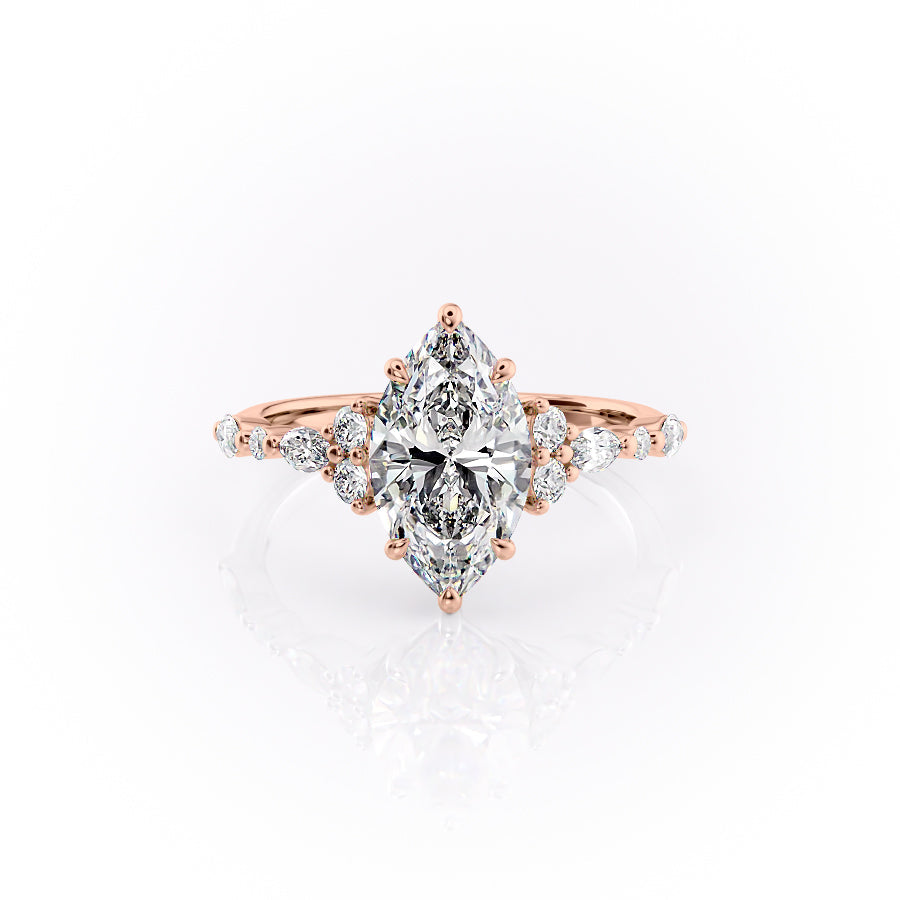 The Kristen. A Rose Gold Side Stones Engagement Ring Set With A 2ct Marquise Lab Grown Diamond. White Background.