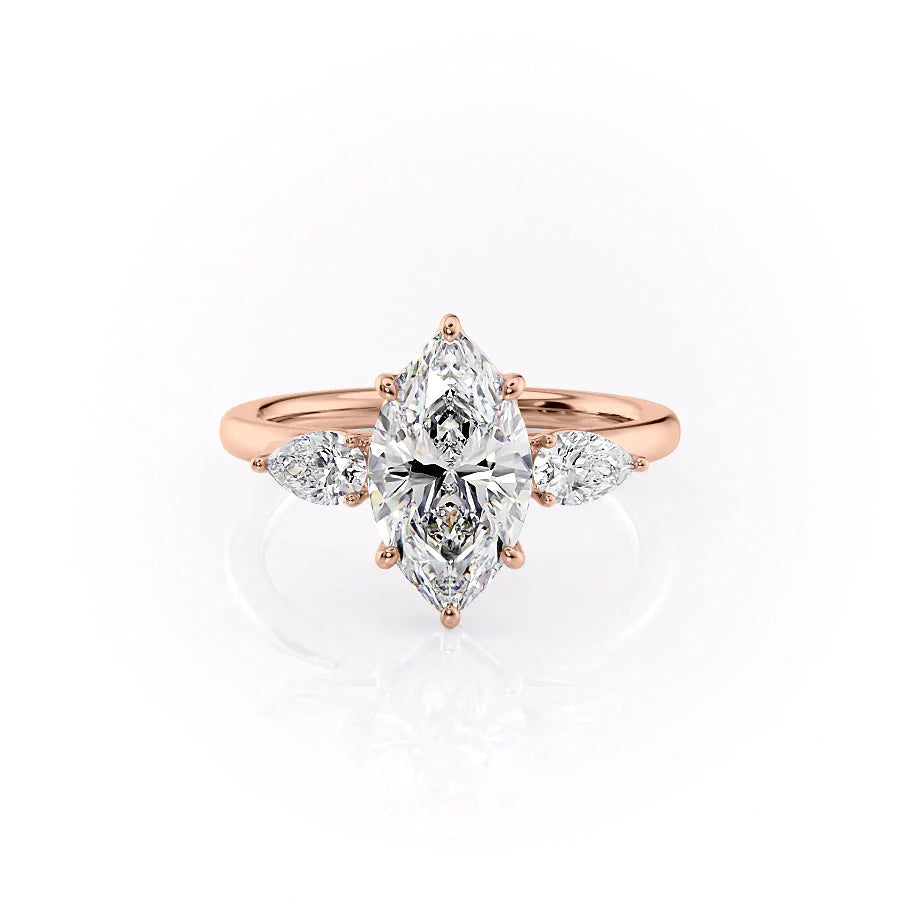 The Lauren. A Rose Gold Three Stone Engagement Ring Set With A 2ct Marquise Lab Grown Diamond. White Background.