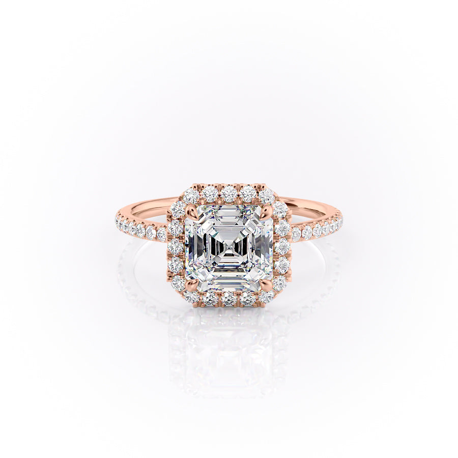 The Lenny. A Rose Gold Halo, Pave Engagement Ring Set With A 2ct Asscher Lab Grown Diamond. White Background.