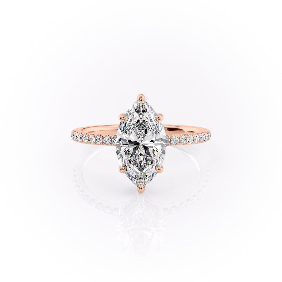 The Mandy. A Rose Gold Pave, Hidden Halo Engagement Ring Set With A 2ct Marquise Lab Grown Diamond. White Background.