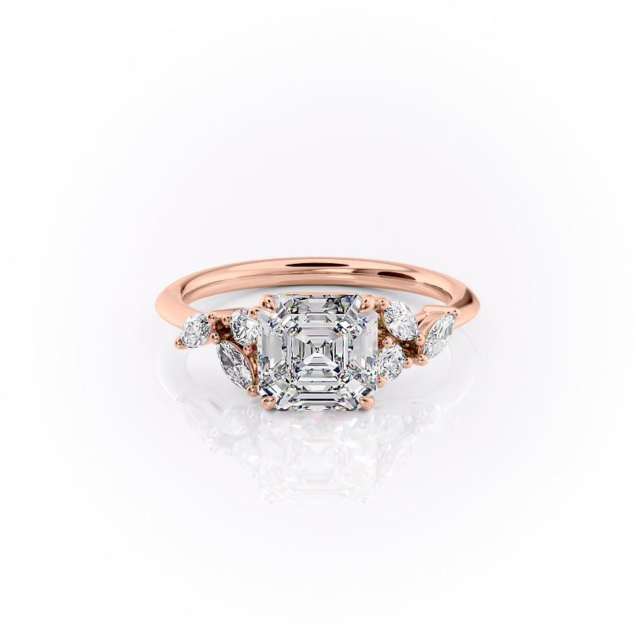 The Melissa. A Rose Gold Side Stones Engagement Ring Set With A 2ct Asscher Lab Grown Diamond. White Background.