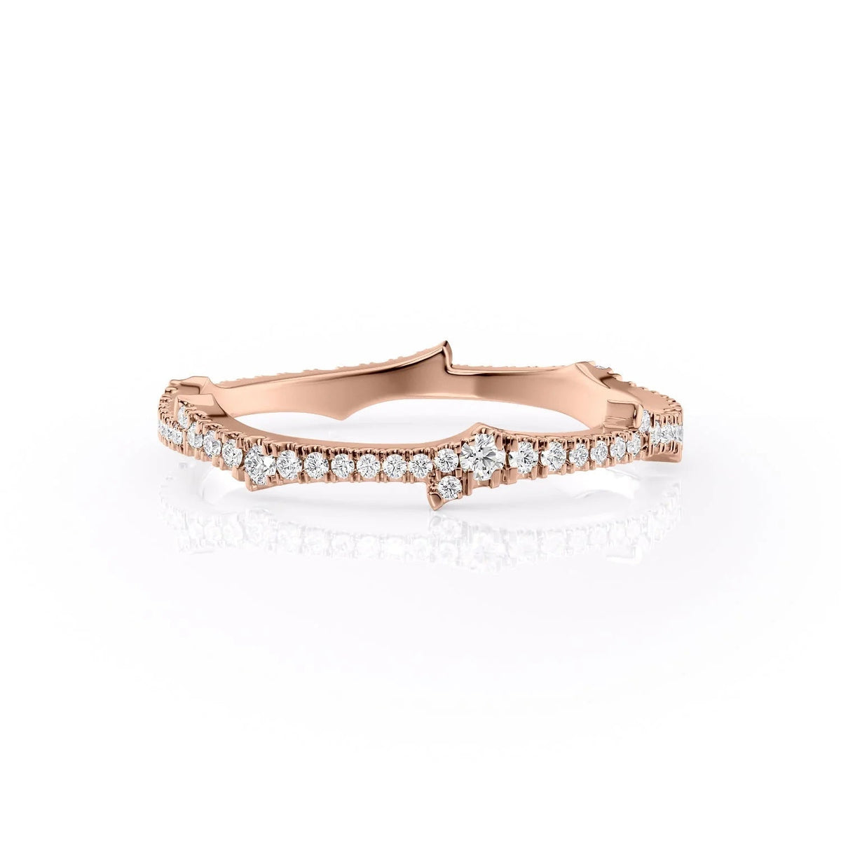 The Mini Pave Twig. A Rose Gold Nature Wedding Band Set With 0.2tcw Round Lab Grown Diamonds. White Background.