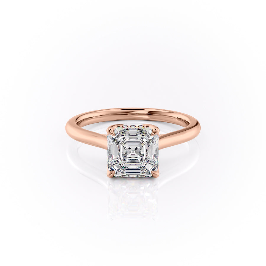 The Morgan. A Rose Gold Hidden Halo, Solitaire, Nature Engagement Ring Set With A 2ct Asscher Lab Grown Diamond. White Background.