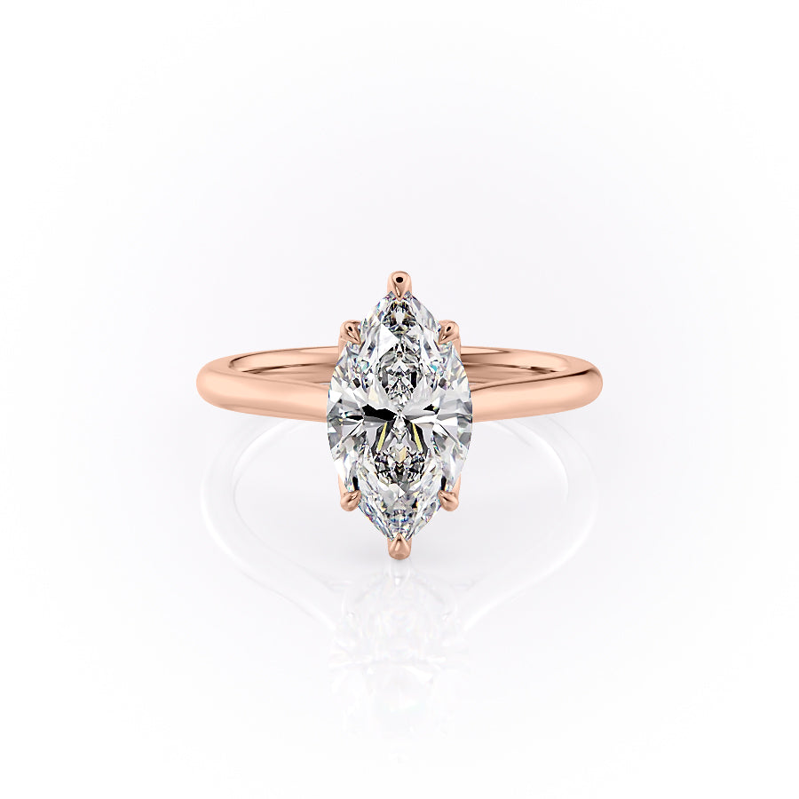 The Morgan. A Rose Gold Hidden Halo, Solitaire, Nature Engagement Ring Set With A 2ct Marquise Lab Grown Diamond. White Background.