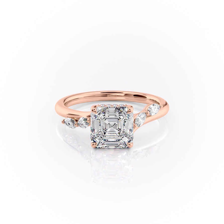 The Nova. A Rose Gold Side Stones, Hidden Halo Engagement Ring Set With A 2ct Asscher Lab Grown Diamond. White Background.