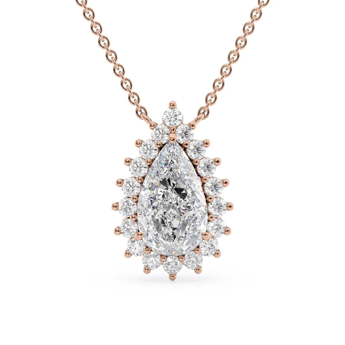 The Olivia. A Rose Gold Pendant Set With A 2ct Pear Lab Grown Diamond. White Background.