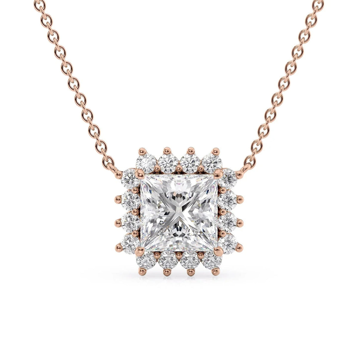 The Olivia. A Rose Gold Pendant Set With A 2ct Princess Lab Grown Diamond. White Background.