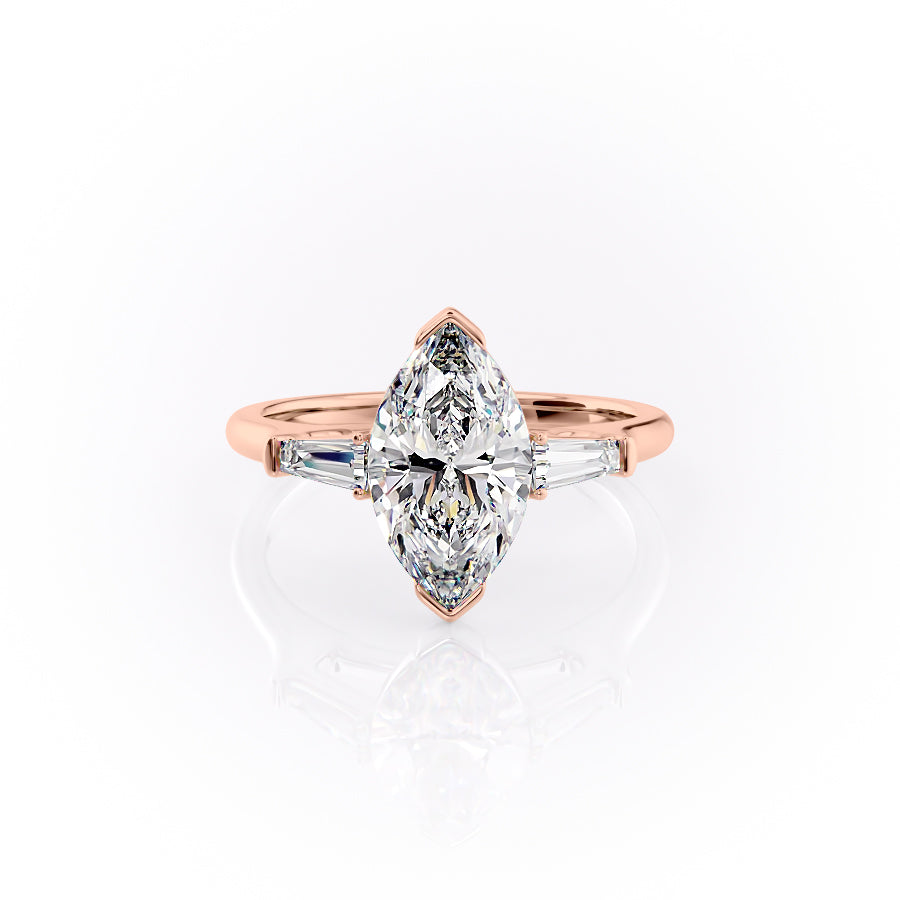 The Parker. A Rose Gold Three Stone, Bezel Engagement Ring Set With A 2ct Marquise Lab Grown Diamond. White Background.