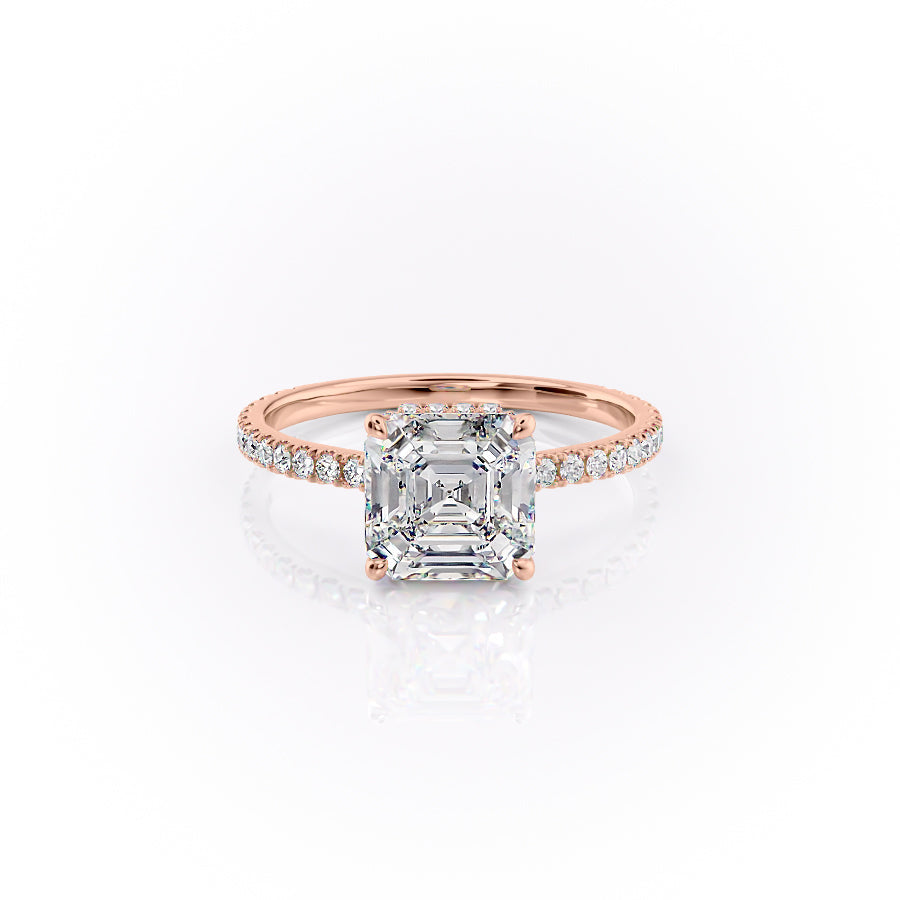 The Pave Aline. A Rose Gold Hidden Halo Engagement Ring Set With A 2ct Asscher Lab Grown Diamond. White Background.