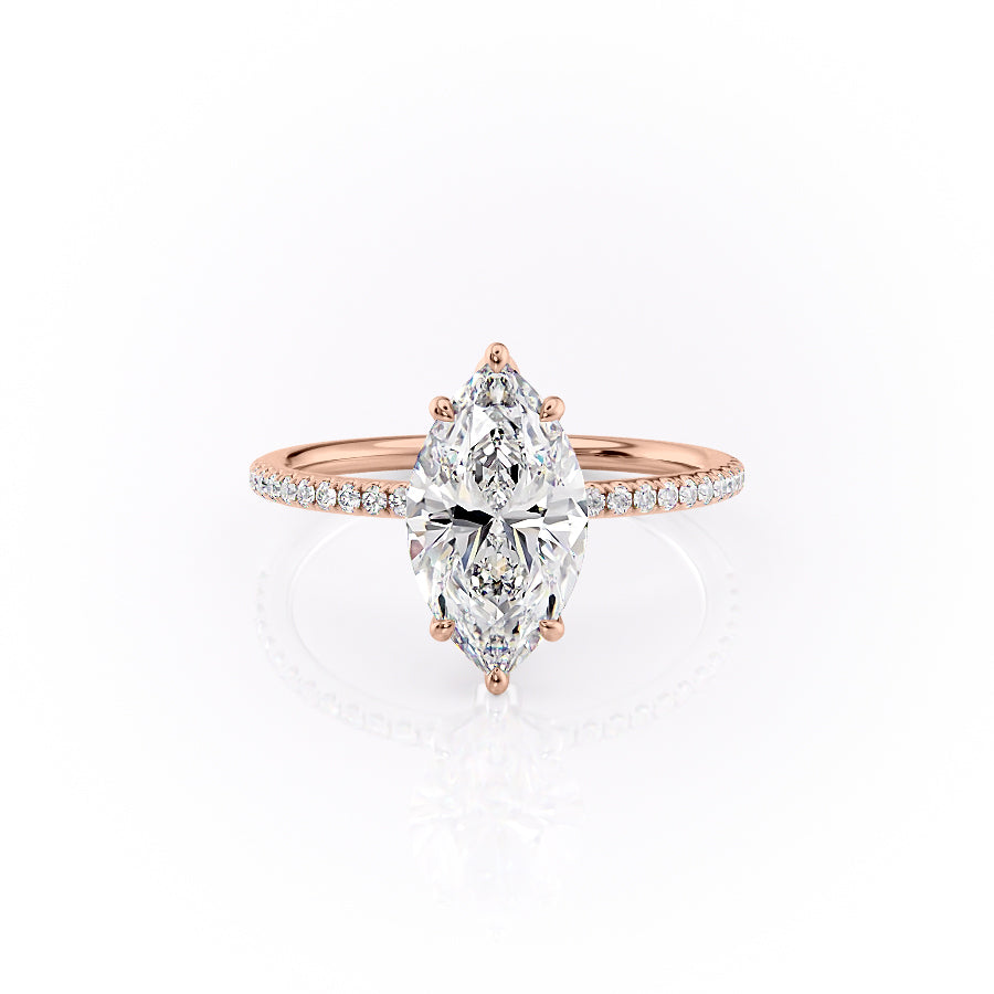 The Pave Lily. A Rose Gold Nature Engagement Ring Set With A 2ct Marquise Lab Grown Diamond. White Background.