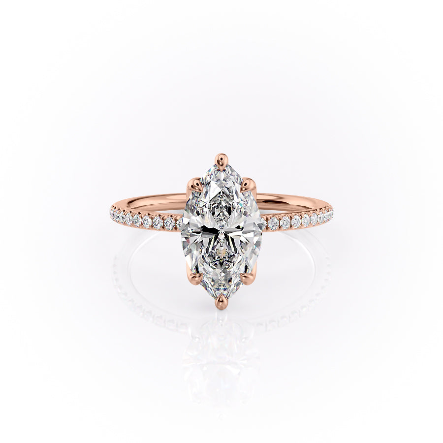 The Pave Lisa. A Rose Gold Nature Engagement Ring Set With A 2ct Marquise Lab Grown Diamond. White Background.