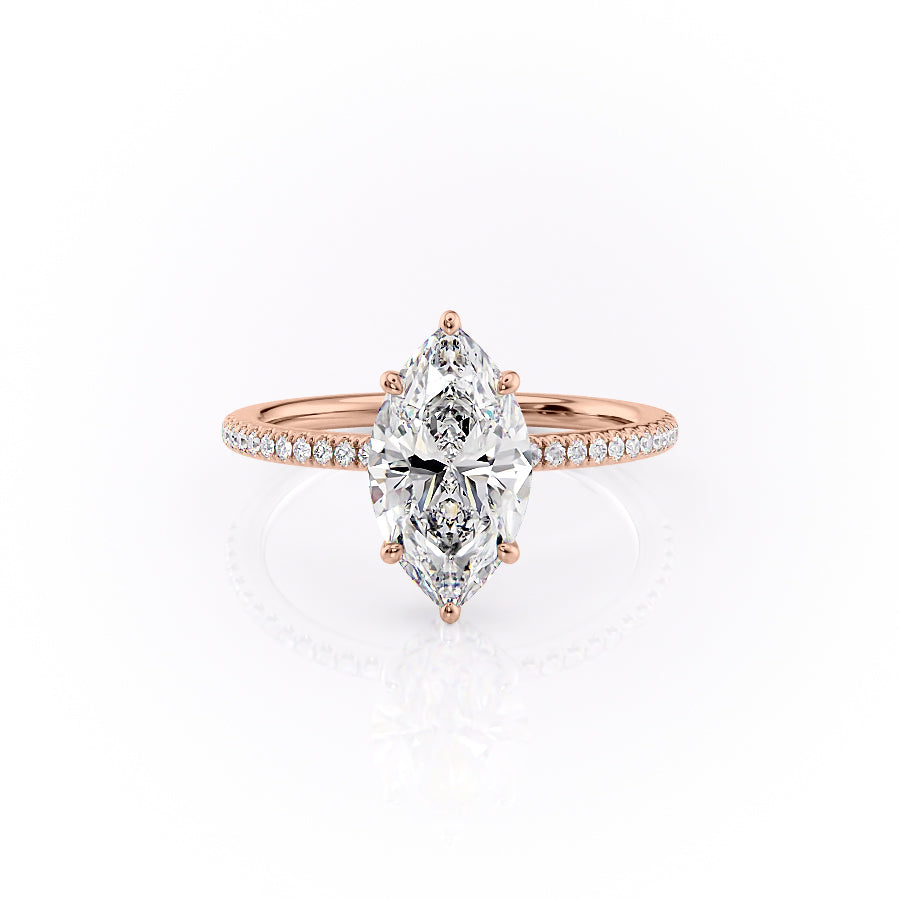 The Pave Margot. A Rose Gold Hidden Halo Engagement Ring Set With A 2ct Marquise Lab Grown Diamond. White Background.