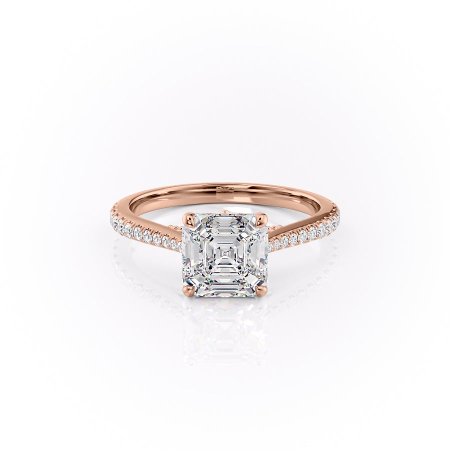 The Pave Miranda. A Rose Gold Vintage Engagement Ring Set With A 2ct Asscher Lab Grown Diamond. White Background.