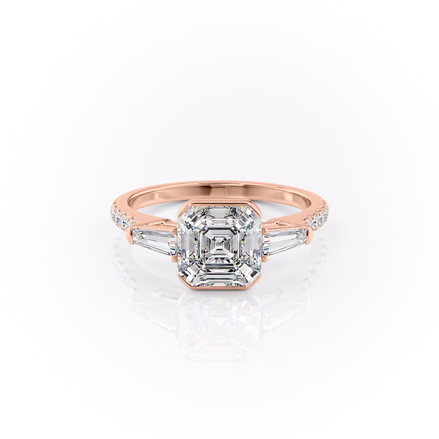 The Pave Parker. A Rose Gold Three Stone, Bezel Engagement Ring Set With A 2ct Asscher Lab Grown Diamond. White Background.