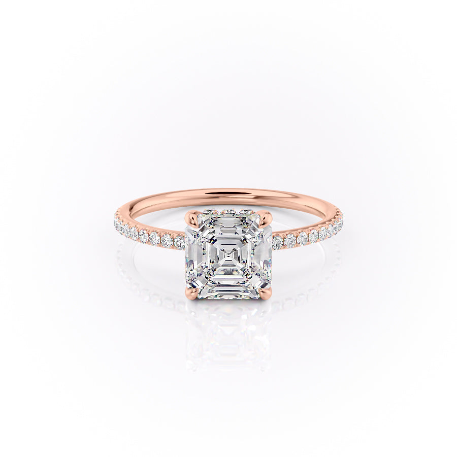 The Pave Sandra. A Rose Gold Hidden Halo Engagement Ring Set With A 2ct Asscher Lab Grown Diamond. White Background.