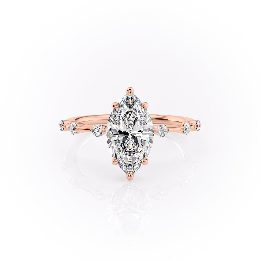 The Penelope. A Rose Gold Solitaire, Side Stones Engagement Ring Set With A 2ct Marquise Lab Grown Diamond. White Background.