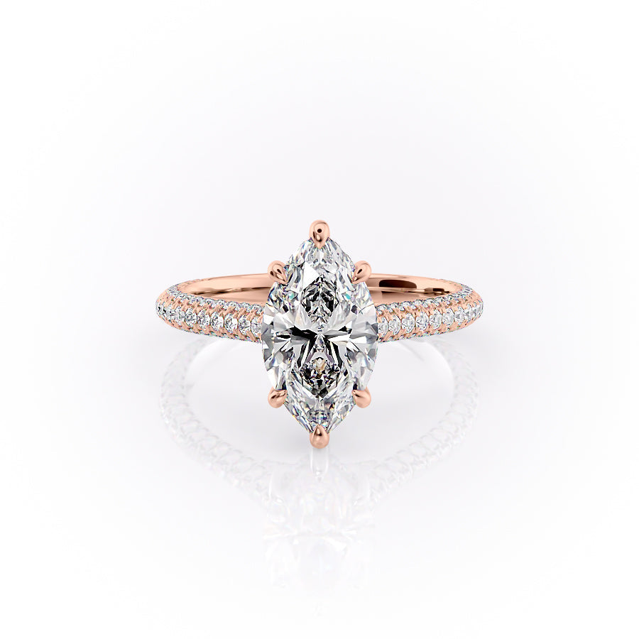 The Rachel. A Rose Gold Pave, Hidden Halo Engagement Ring Set With A 2ct Marquise Lab Grown Diamond. White Background.
