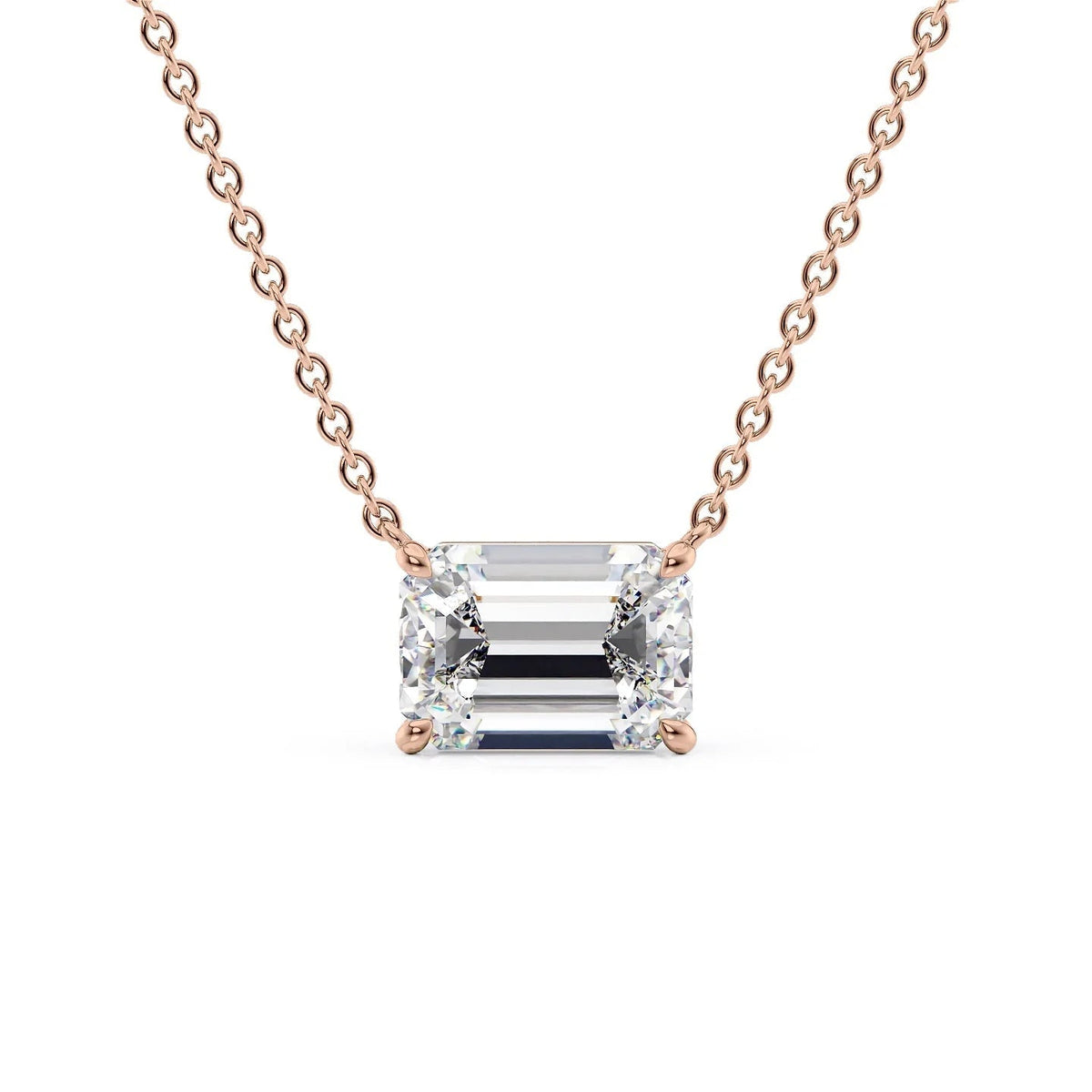 The Riley. A Rose Gold Pendant Set With A 2ct Emerald Lab Grown Diamond. White Background.