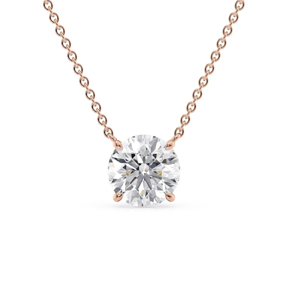 The Riley. A Rose Gold Pendant Set With A 2ct Round Lab Grown Diamond. White Background.