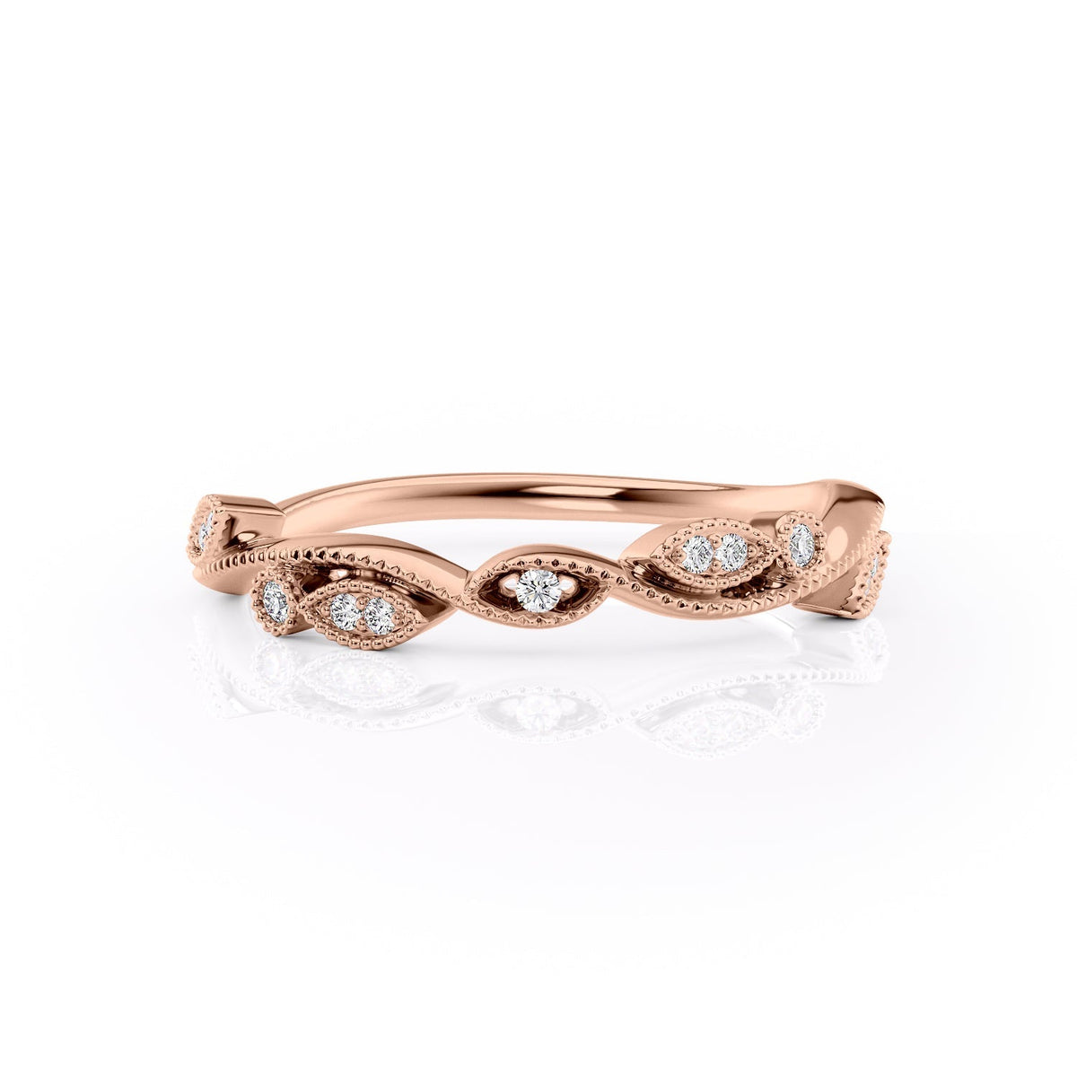 The Robin. A Rose Gold Nature, Prong Wedding Band Set With 0.06tcw Round Lab Grown Diamonds. White Background.